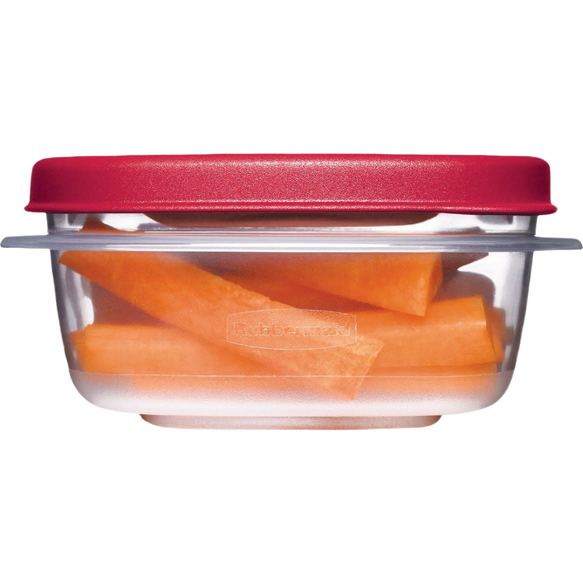 Clear food container with red lid holding carrot sticks for kitchen storage and organization use