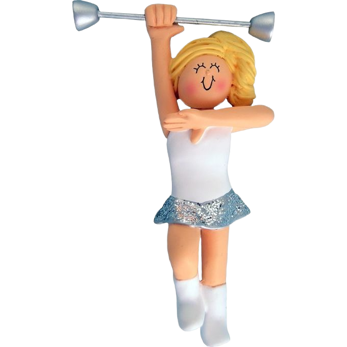 Blonde female baton twirler ornament with silver skirt and white top from Christmas Ornaments & Tree Decorations under $50