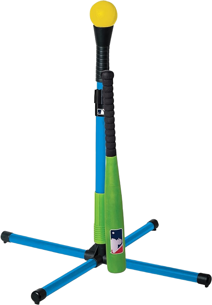Youth baseball batting tee with adjustable blue frame, green bat, and yellow ball for outdoor games and toys collections