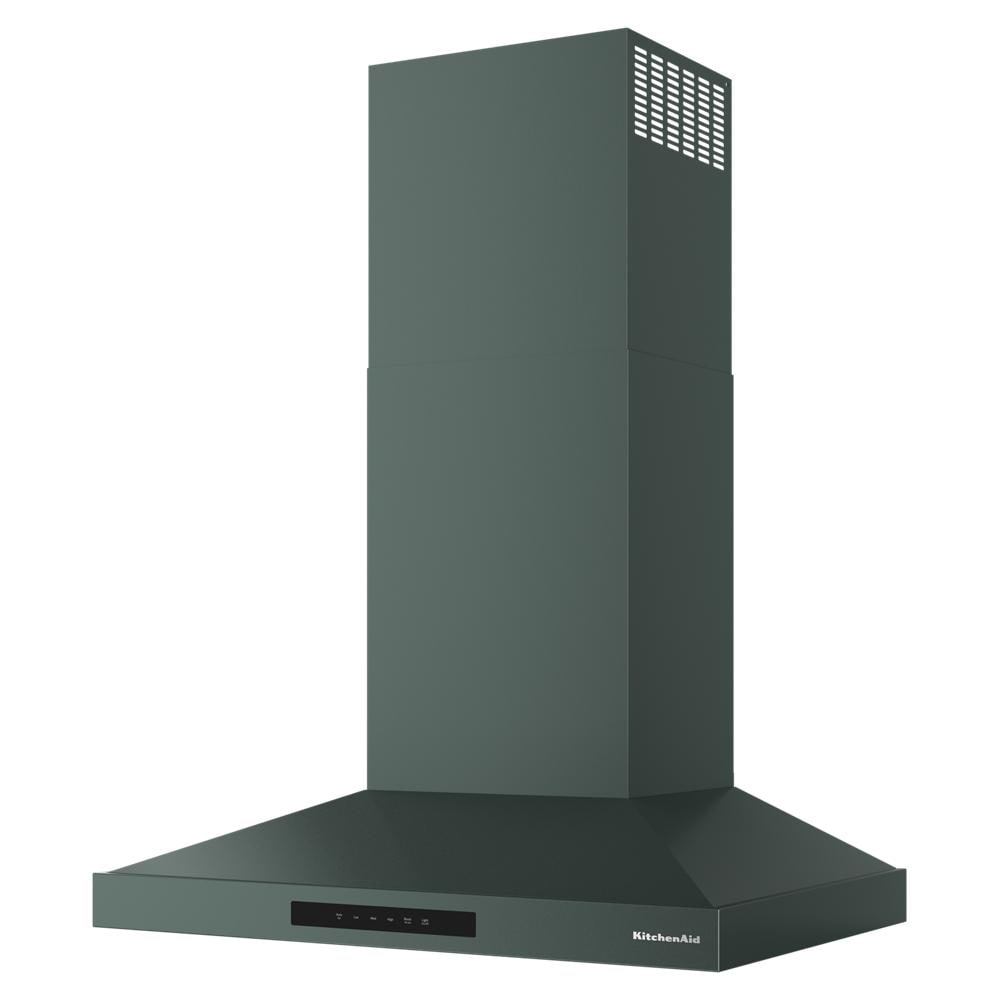 Dark matte wall-mount canopy hood with four-speed fan and vented upper chimney in KitchenAid appliances collection