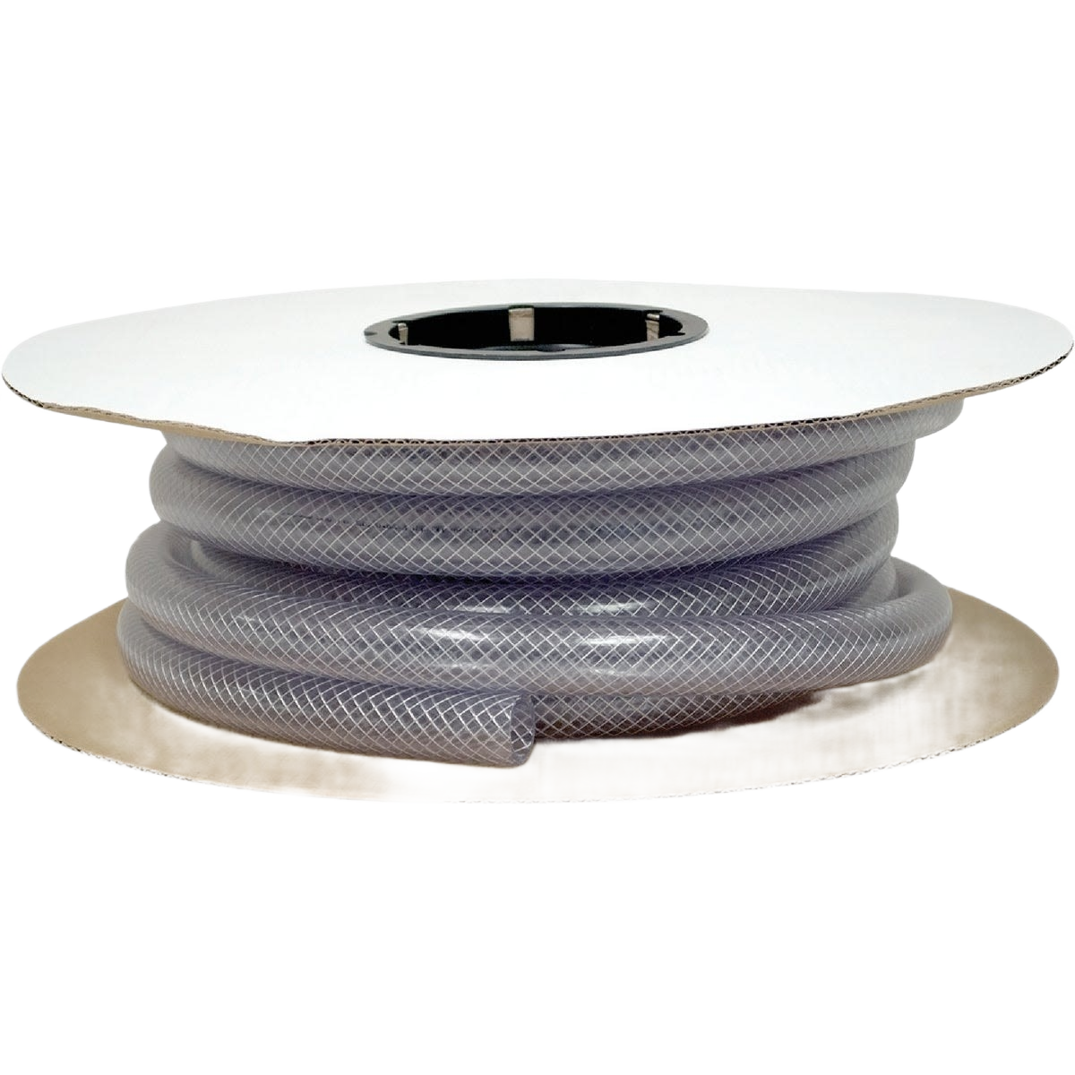 Clear braided PVC tubing on a spool for plumbing and fluid transfer in home improvement and repair projects