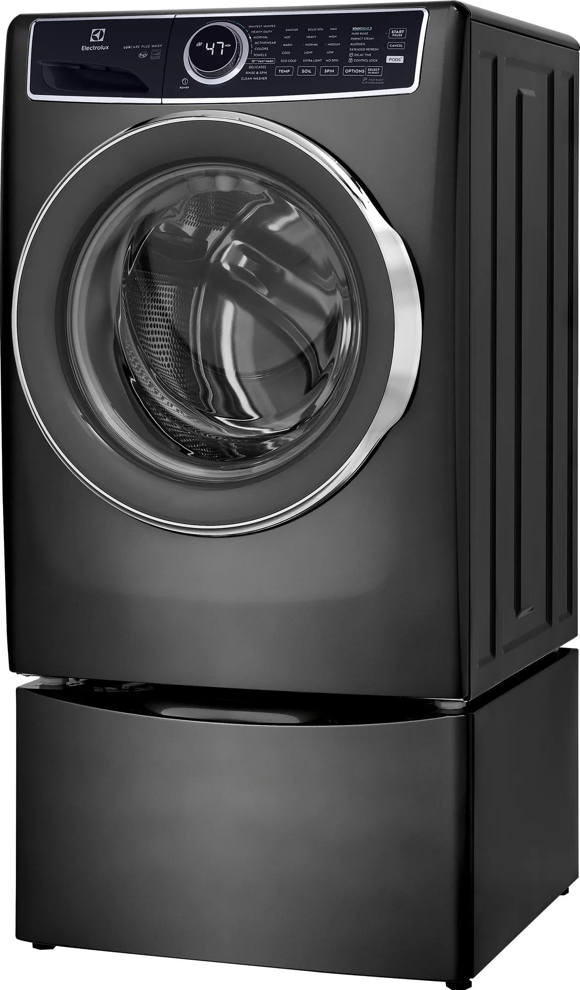 Dark gray front load washer with digital display and chrome-trimmed door in front load washers and appliances collection