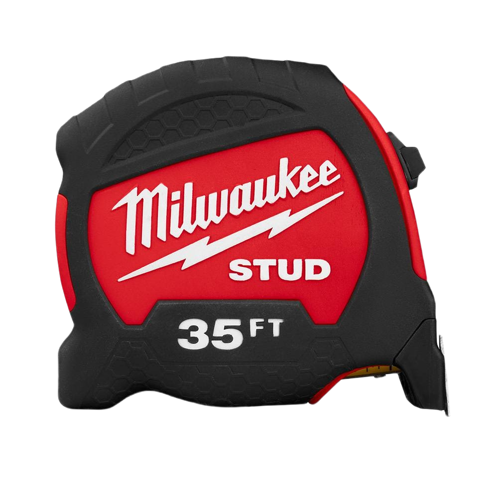 Compact red and black tape measure with 35-foot length, designed for woodworking and home improvement tools under $50 collections