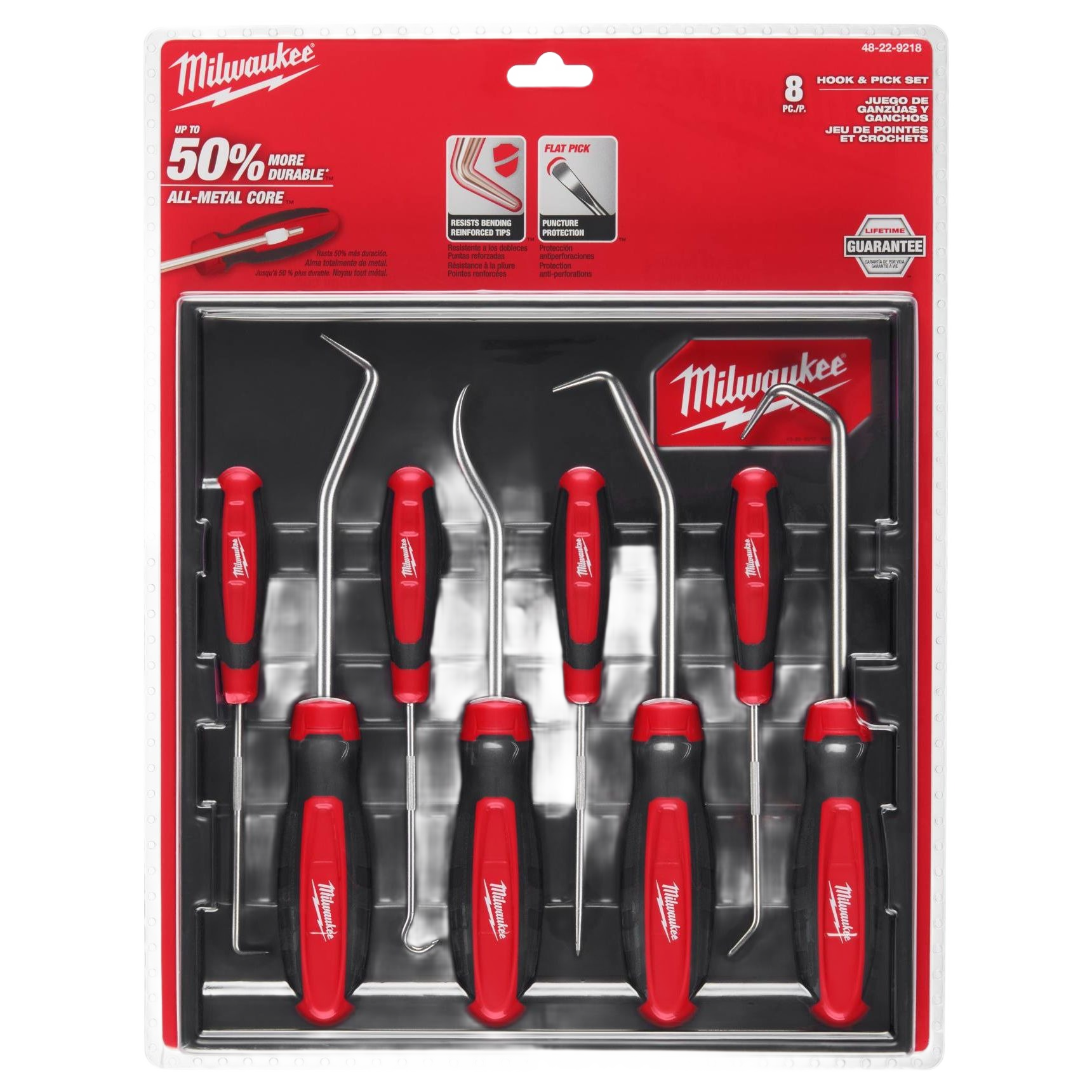 Eight-piece hook and pick tool set with red and black ergonomic handles for precision tasks in tools and home improvement