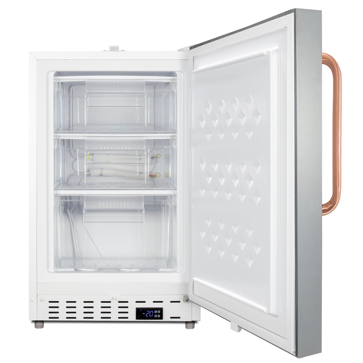 Built-in undercounter all-freezer with stainless steel exterior, copper handle, digital display for Freezers & Ice Makers collection