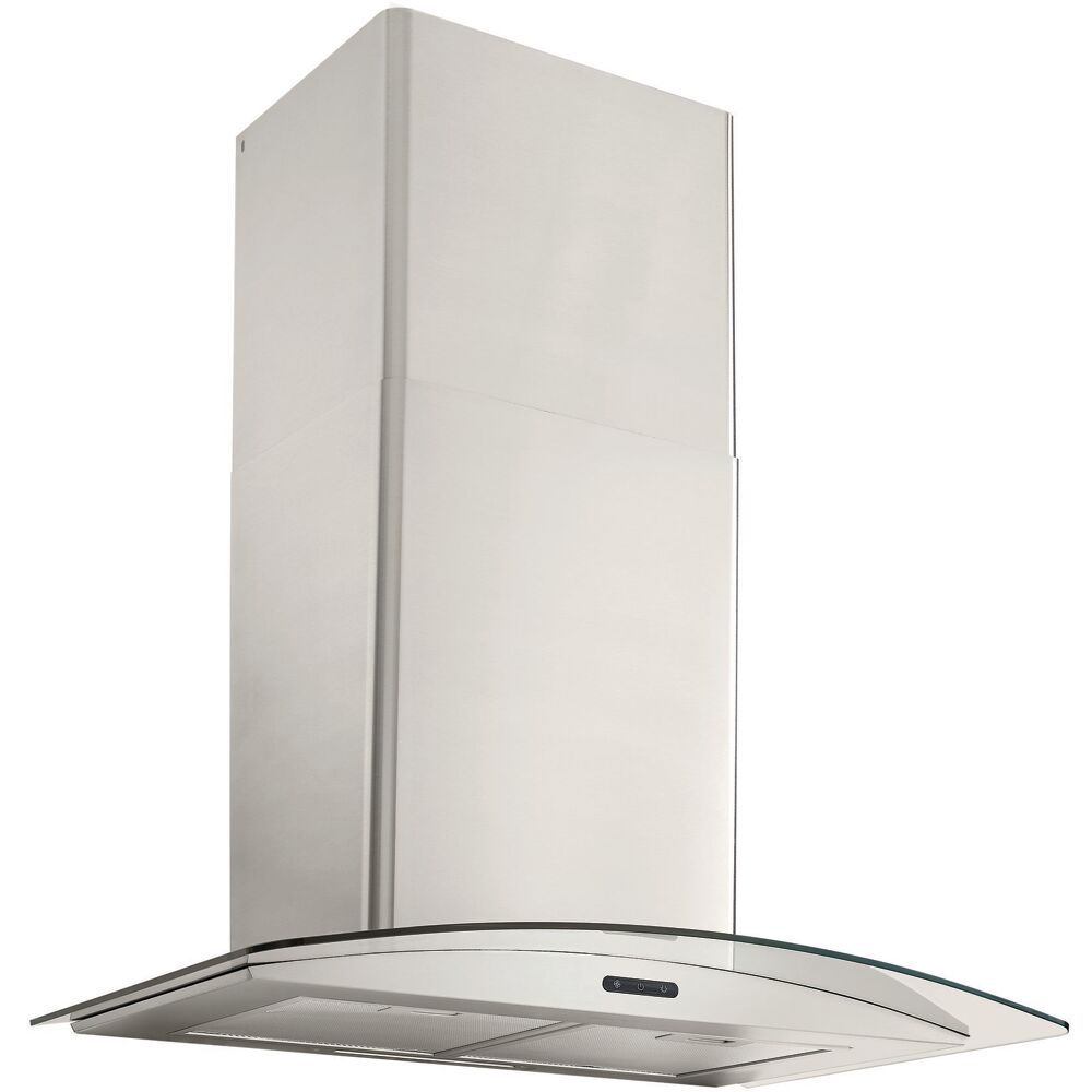stainless steel curved glass chimney hood with 3-speed touch controls and LED lights in kitchen appliances collection