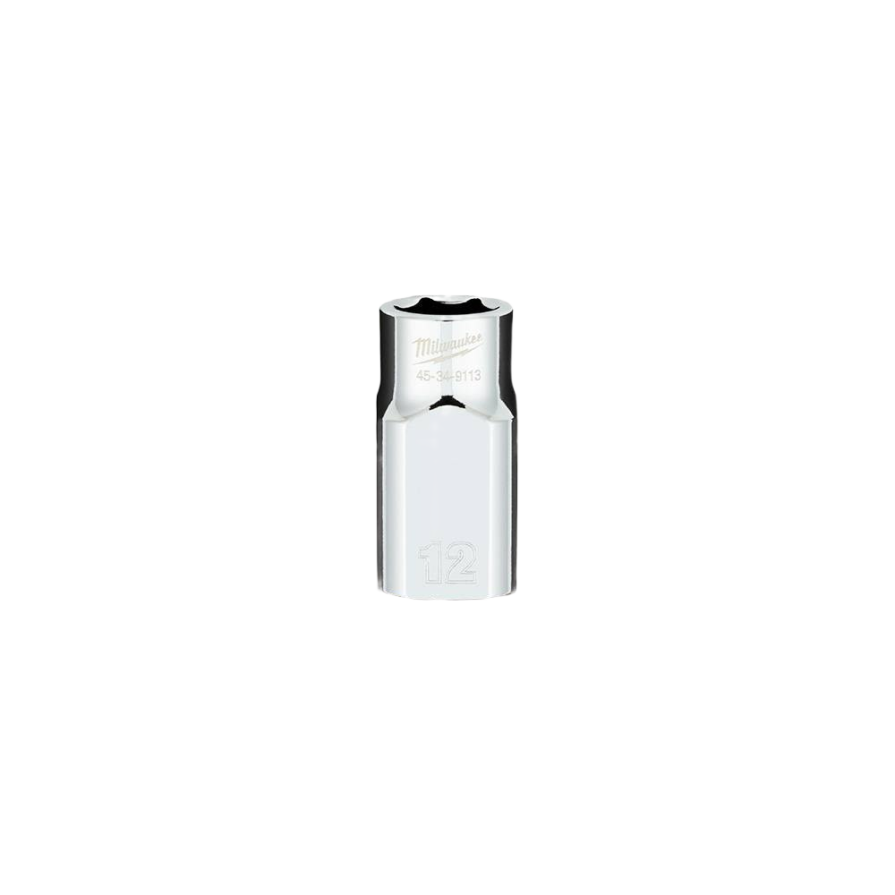 Chrome-finished 12-mm standard socket with four flat sides for secure grip in tools and home improvement tasks