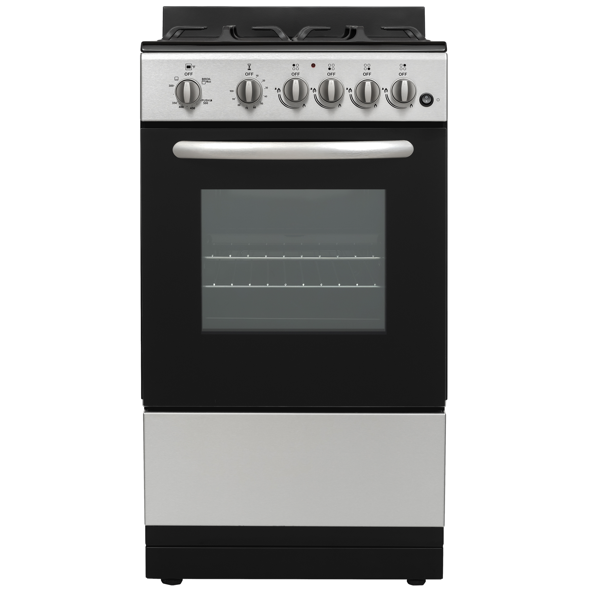 Compact freestanding gas range with stainless steel and black finish, featuring control knobs and oven window, part of kitchen appliances collections