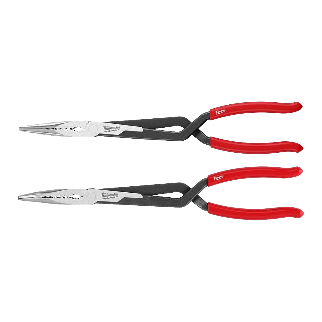 Pair of red-handled long reach pliers with textured grips and steel jaws for precision tool and home improvement use