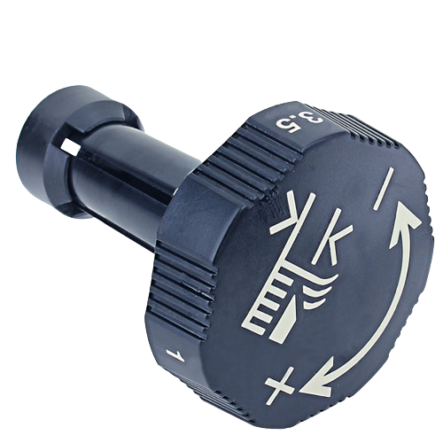 Black plastic mower deck height adjustment knob with white markings and arrow indicators for precise control