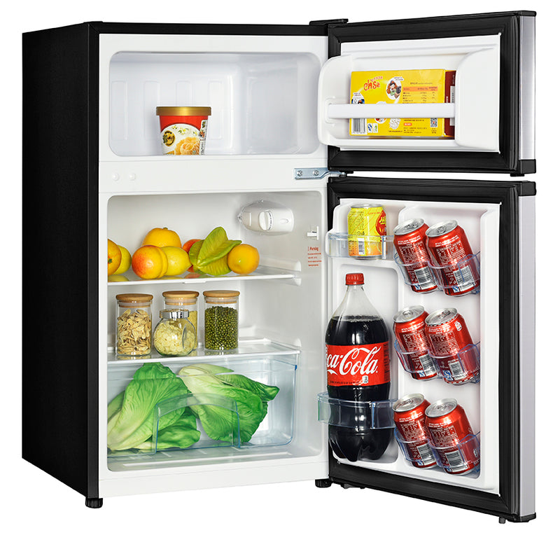 Compact two-door counterhigh refrigerator in black with stocked interior and storage compartments in kitchen appliances collection