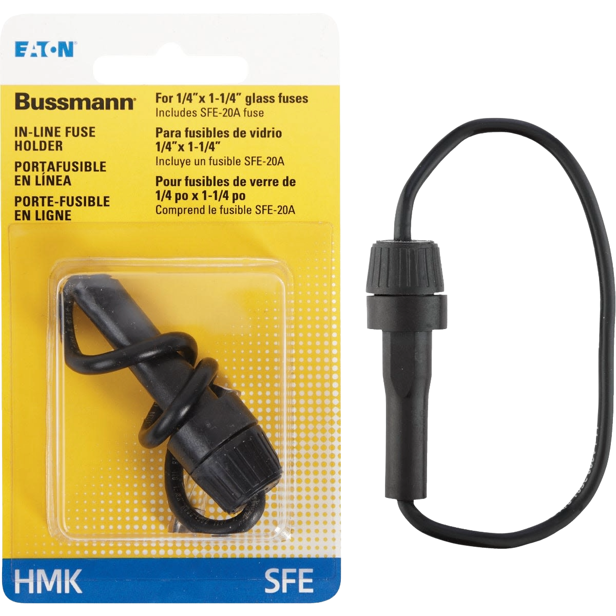 Black inline fuse holder with wire leads for 1/4 x 1-1/4 inch glass fuses in automotive repair use
