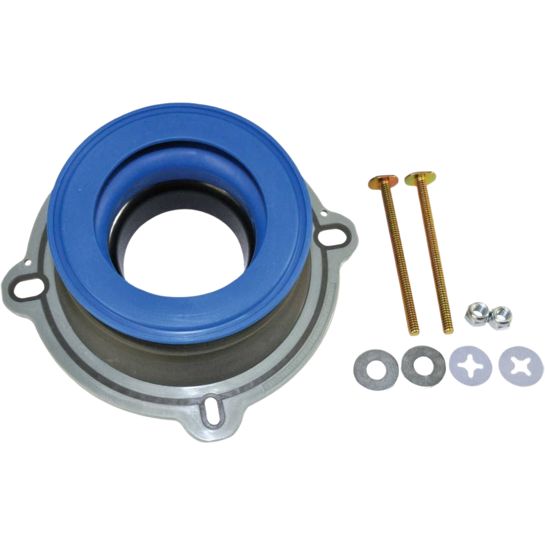 Blue sealing toilet gasket with metal base, bolts, washers, and nuts for plumbing repair and toilet parts use