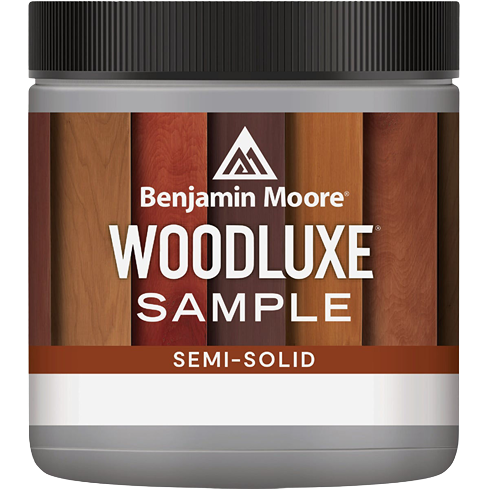Container of Benjamin Moore Woodluxe semi-solid waterproofing stain and sealer sample for exterior wood finishing projects