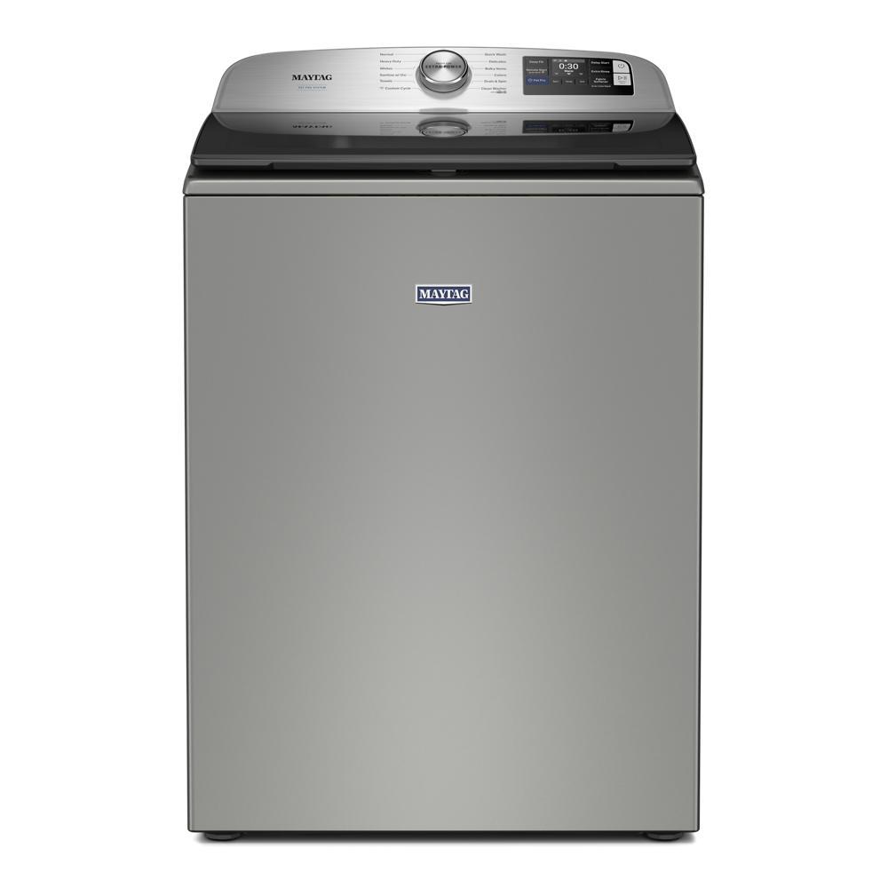 Smart top load washer in stainless steel finish with digital display, designed for washers and home improvement collections