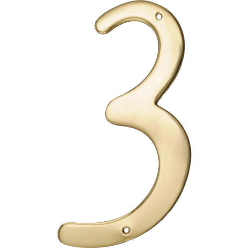 Brass nail-on house number 3 with pre-drilled holes for easy mounting in hardware and home improvement collections