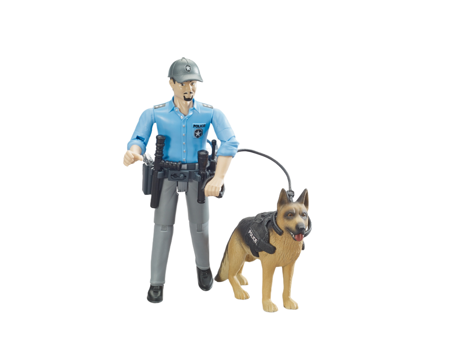 Blue-uniformed officer toy holding a leash walking a German Shepherd dog figure in a black harness