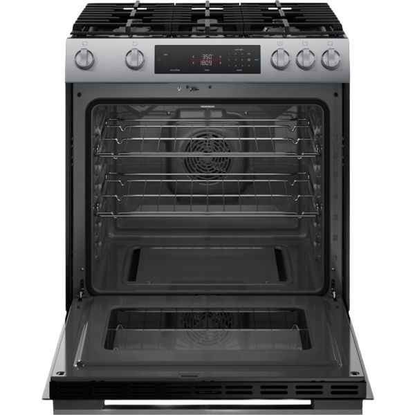 Freestanding gas range with stainless steel finish, open oven door, control knobs, and digital display panel from Ranges collection