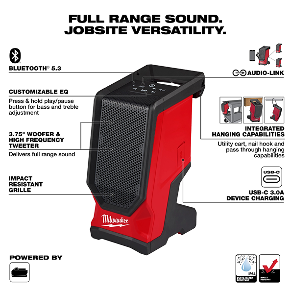 Red and black Milwaukee Bluetooth jobsite speaker with customizable EQ and hanging features for tools and home improvement use