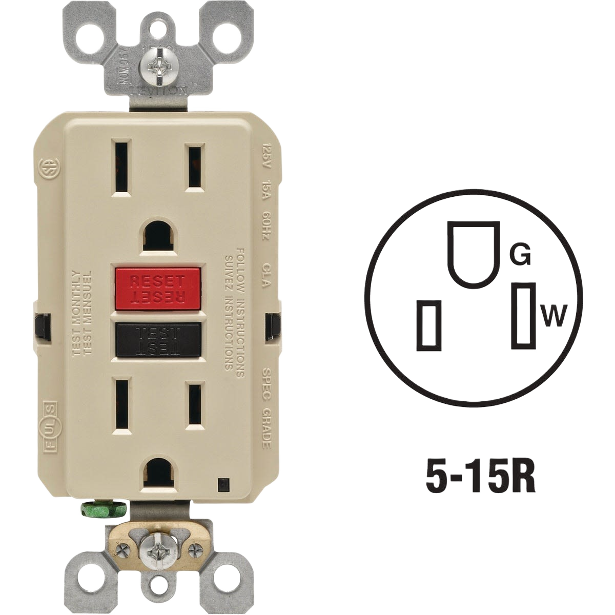 Ivory GFCI electrical outlet with self-test buttons for residential use, part of under $50 home improvement tools collection