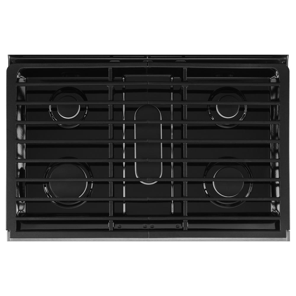 Black gas cooktop with five burners and sturdy hinged grates from Ranges & Cooktops collection