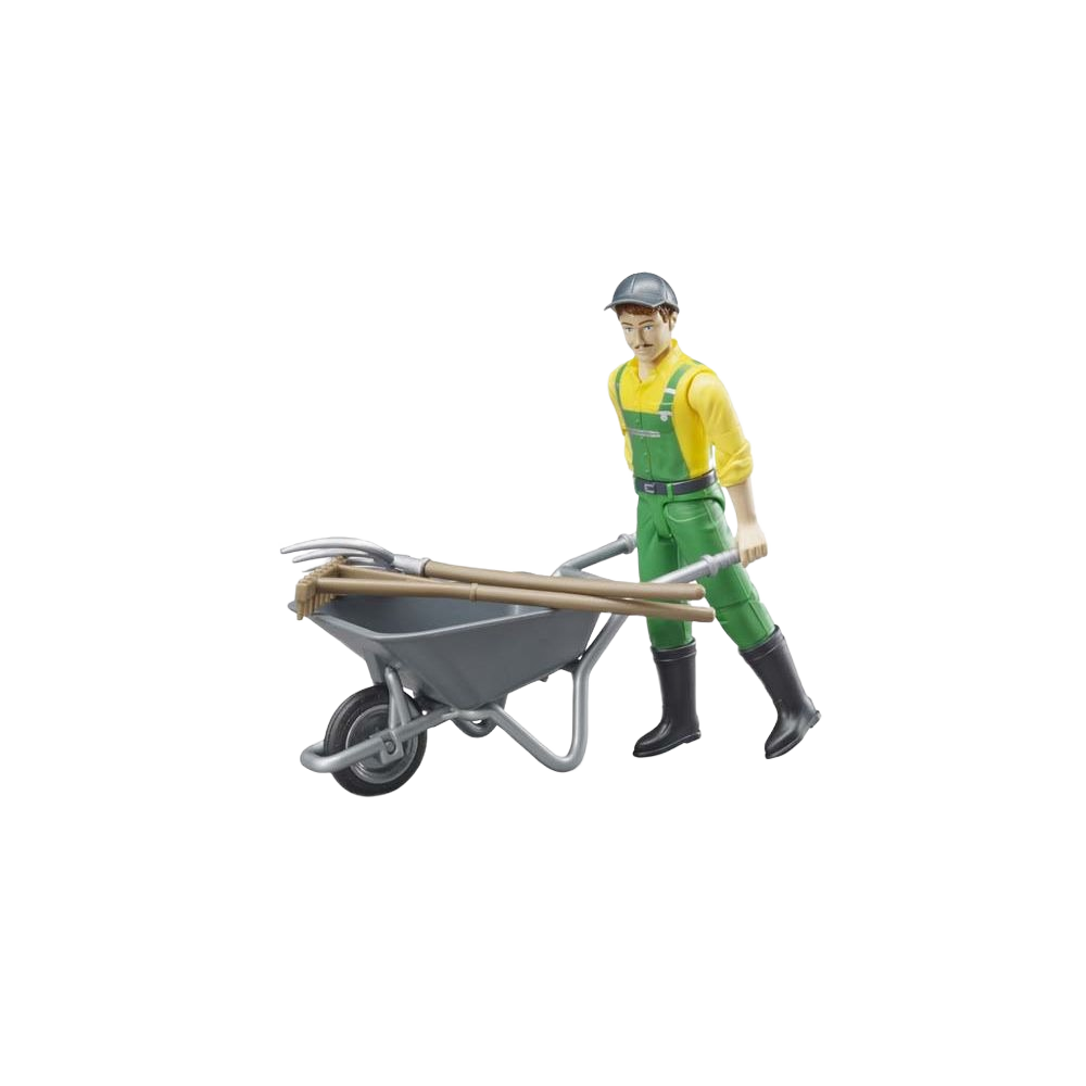 Farmer action figure in green overalls with wheelbarrow and farming tools from Bruder Toys under $50 collection