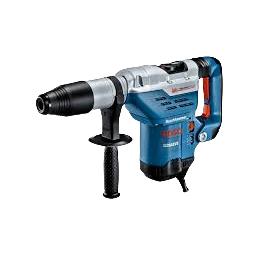 Blue and silver Bosch SDS-max combination hammer with black side handle and orange trigger, part of power tool rentals at Hartville Hardware for home improvement and demolition tasks.