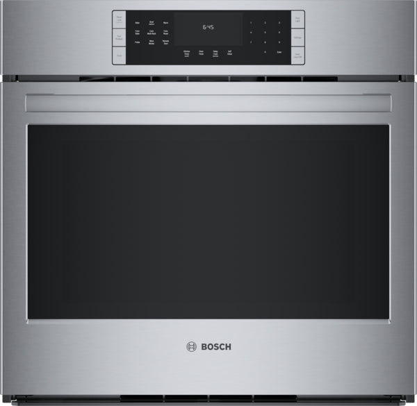Front view of 30-inch stainless steel single wall oven with digital touch controls from kitchen appliances collection