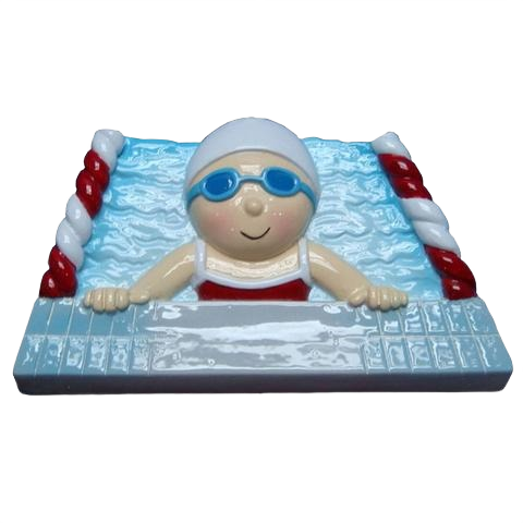 Handcrafted girl swimmer ornament in blue goggles and white cap in pool lane from Christmas Ornaments & Tree Decorations collection