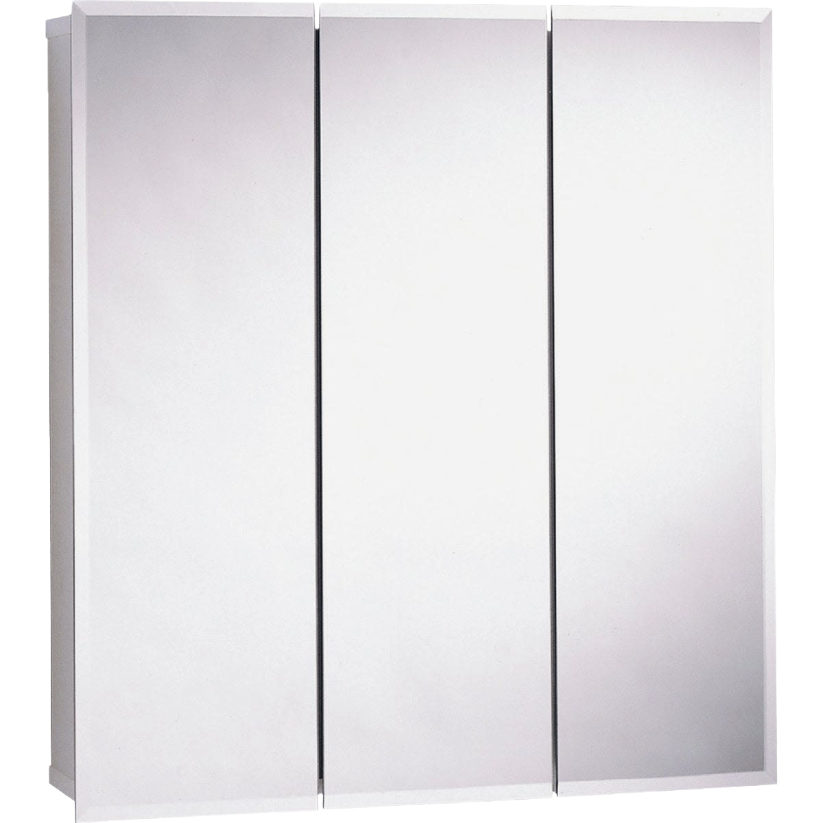 Frameless tri-view surface mount medicine cabinet with beveled mirrors for bathroom storage and organization