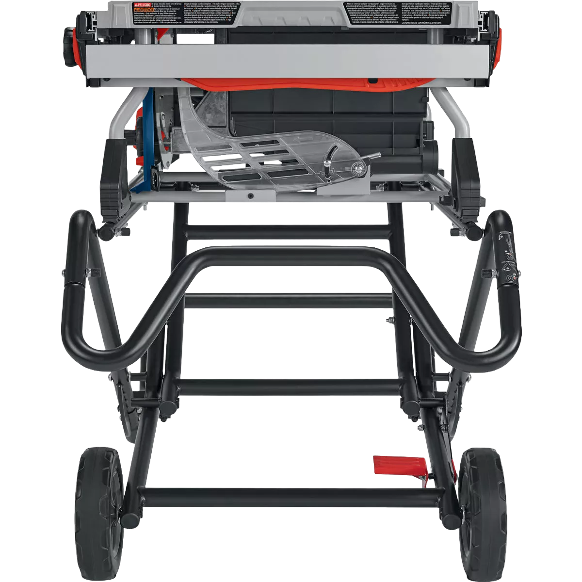 Portable 10-inch job site table saw with gravity-rise wheeled stand for woodworking and home improvement tasks