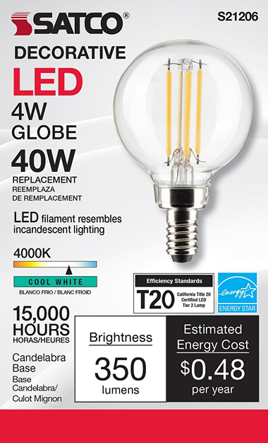 Clear decorative LED bulb with candelabra base, cool white 4000K light, 350 lumens brightness, energy-efficient under $50 collections