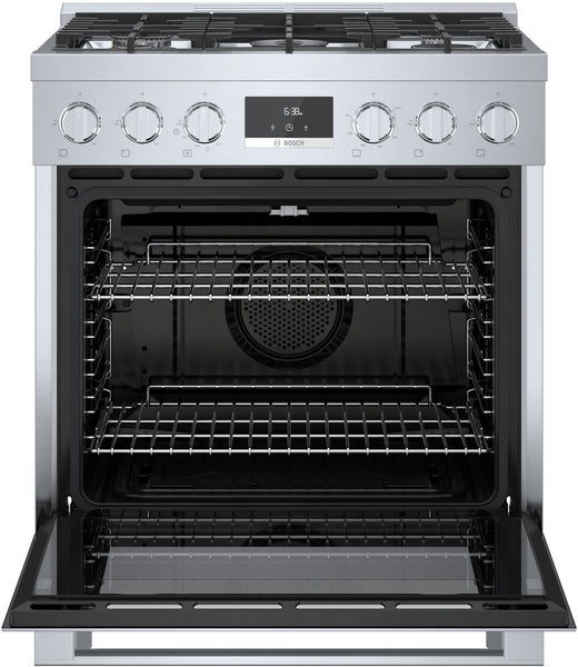 Stainless steel gas freestanding range with open oven door, metal knobs, and digital display in kitchen appliances collection