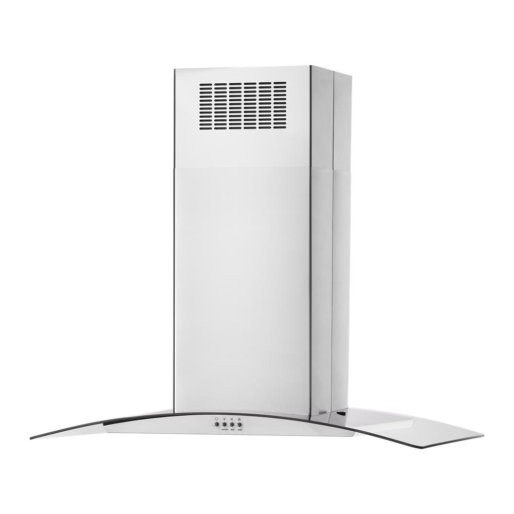 Stainless steel range hood with curved glass canopy and vent for island kitchens from Over the Range Hoods collection