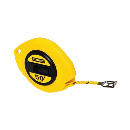Yellow 50-foot tape measure with durable steel blade and black locking mechanism for woodworking and measuring tools collections