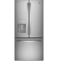 Stainless steel French-door refrigerator with bottom freezer and water dispenser in kitchen appliances collection