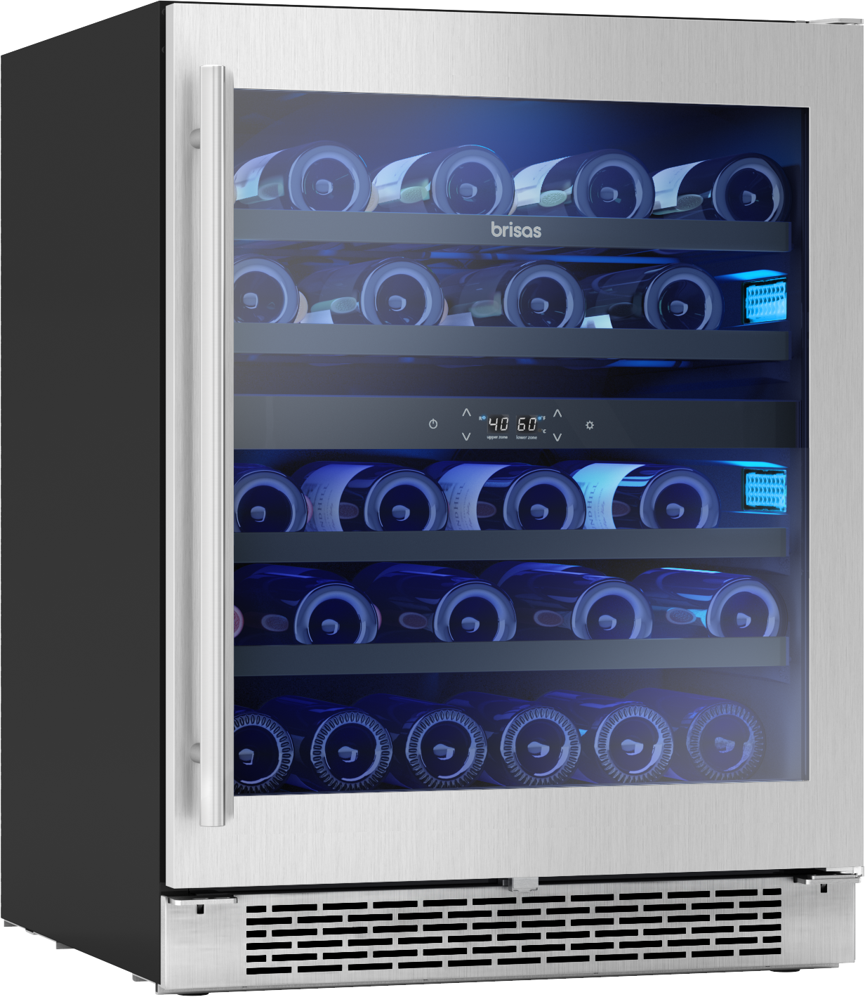 Under-counter dual zone wine cooler with stainless steel frame, glass door, blue LED lighting, digital temperature display, and neatly arranged horizontal bottles for kitchen and beverage centers.