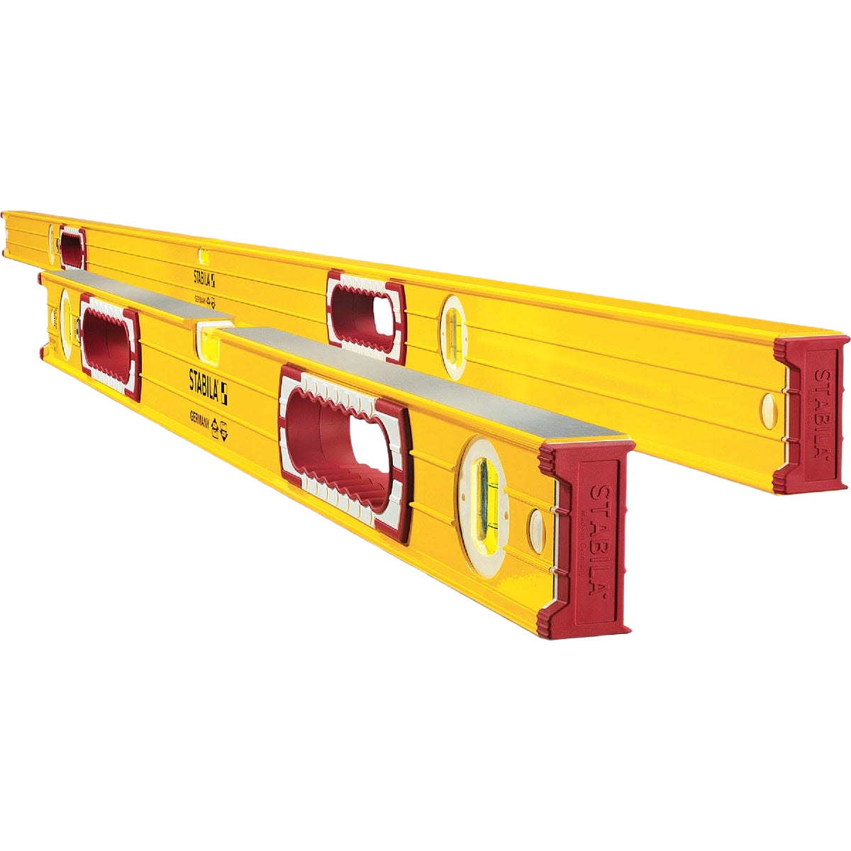 Pair of yellow Stabila precision levels with red end caps and multiple vials for home improvement tools and measurement tasks
