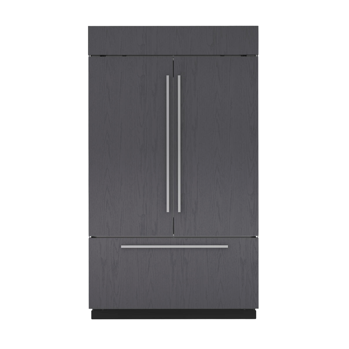 Matte black French door refrigerator with bottom freezer and modern stainless steel handles in kitchen appliances collection