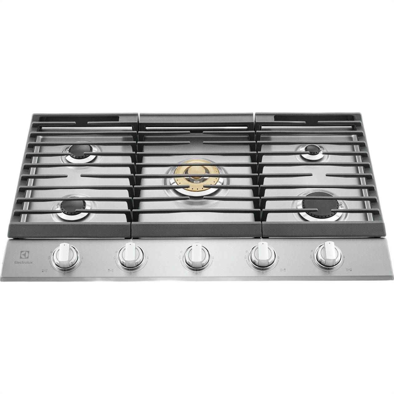 Stainless steel 36-inch gas cooktop with five burners and durable continuous grates from Kitchen & Kitchenware collection