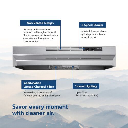 Stainless steel range hood with non-vented design, charcoal filter, 2-speed blower, and 1-level lighting for home improvement