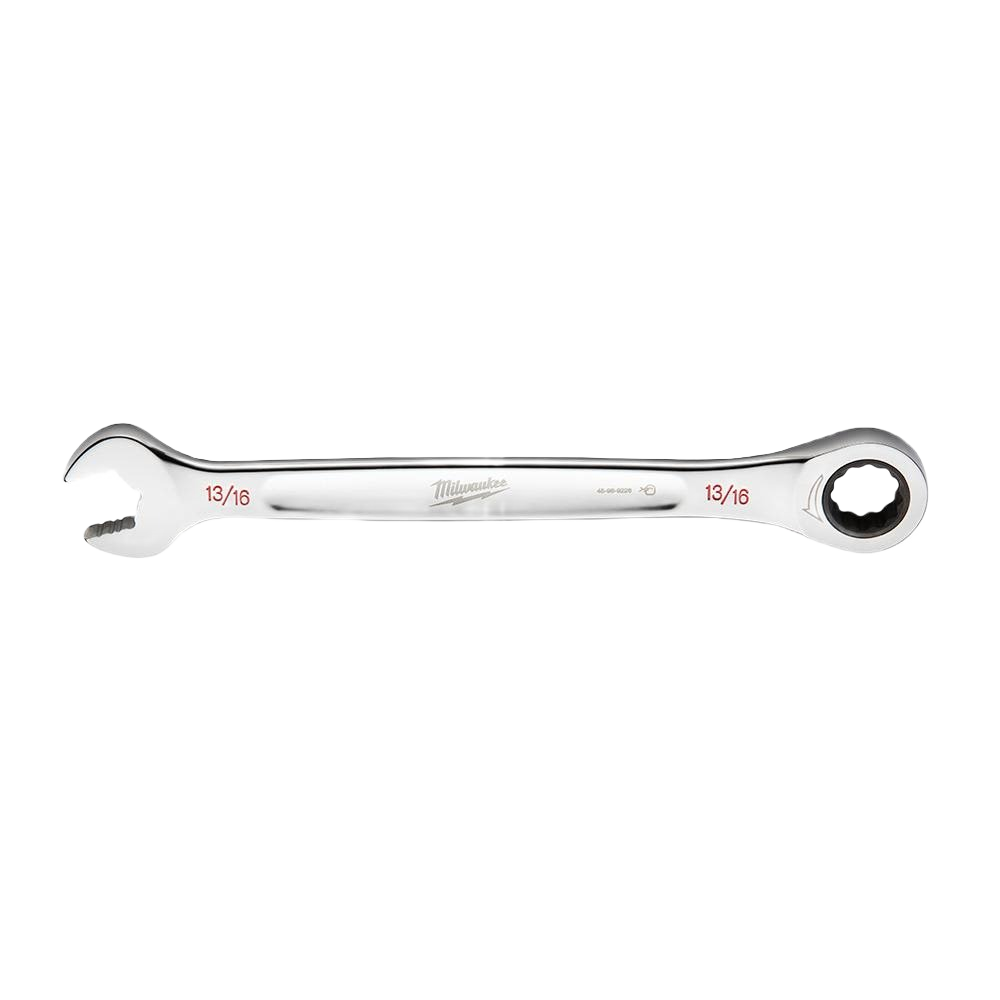 Chrome-finished 13/16 ratcheting combination wrench with MAXBITE™ grip for hand tool use in woodworking and home improvement