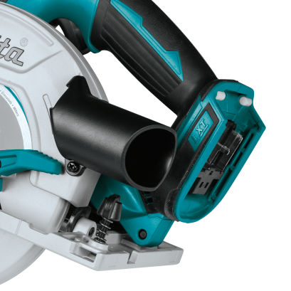 Close-up of teal and black cordless circular saw handle and blade housing designed for home improvement tasks