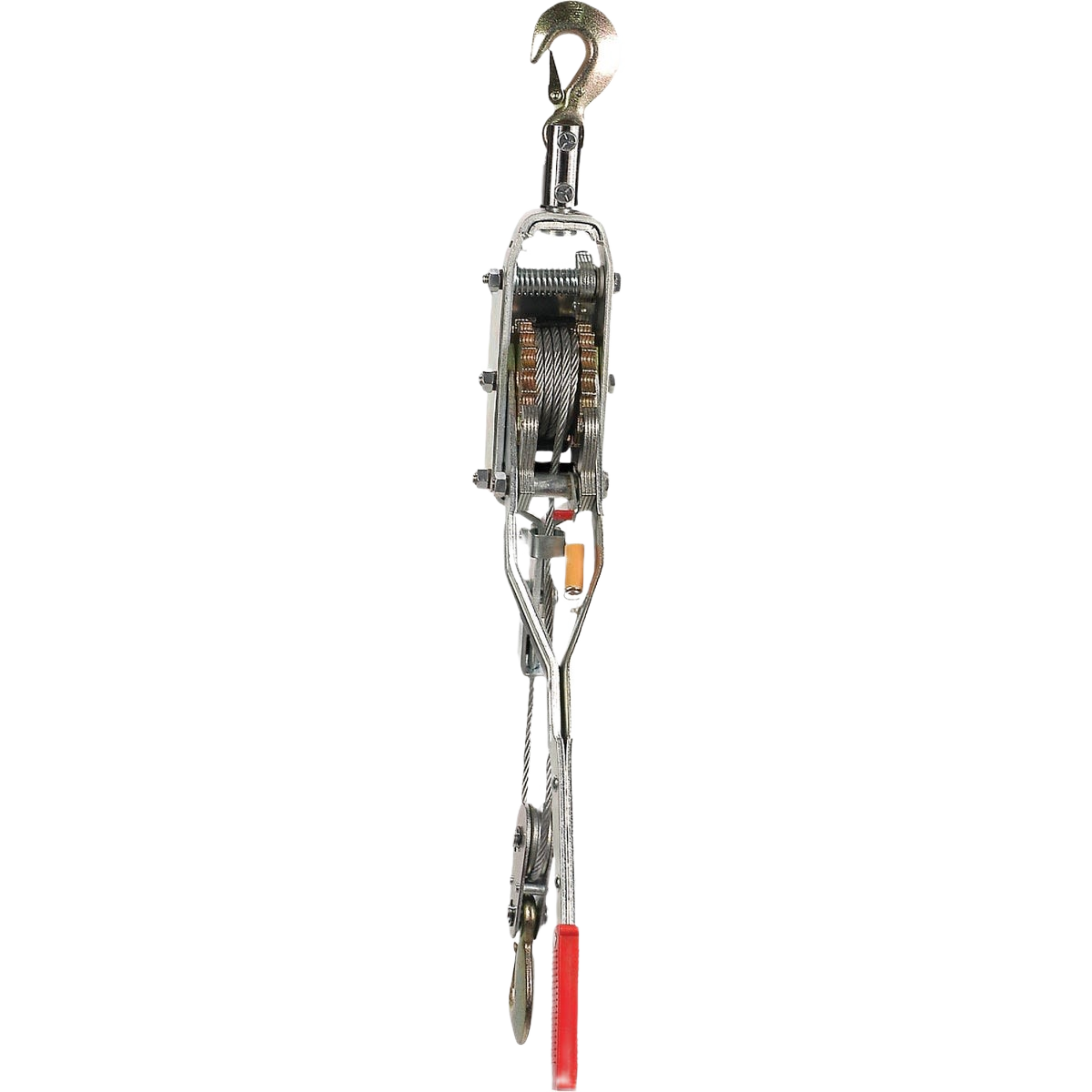 Metal 4-ton capacity cable puller with steel cable, ratchet mechanism, hook, and red handle for tools and home use