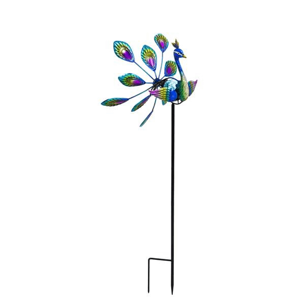 Colorful solar-powered peacock wind spinner with metal stake for enhancing outdoor garden and home improvement spaces