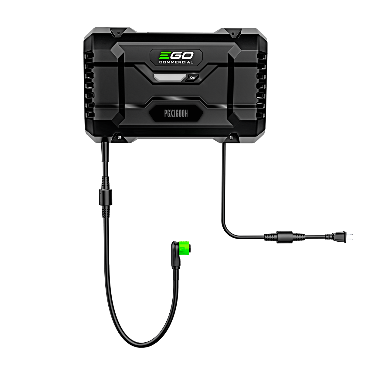 Black commercial charging hub with robust design and multiple connected power cables for tools and home improvement use