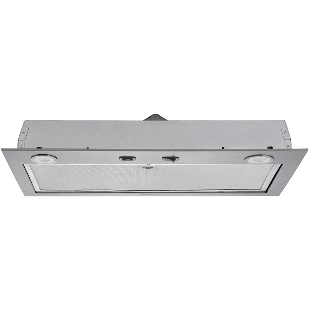 Stainless steel power pack insert with two-speed blower and LED lights for over the range hood installation in kitchen appliances