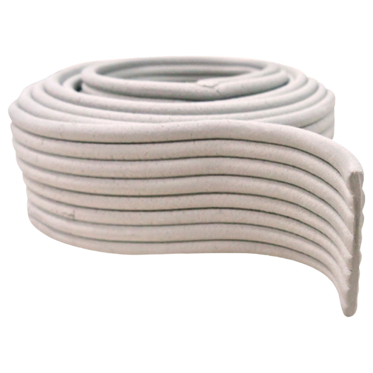 Coiled gray weatherstripping and caulking cord for sealing doors and windows in hardware and home improvement tools.