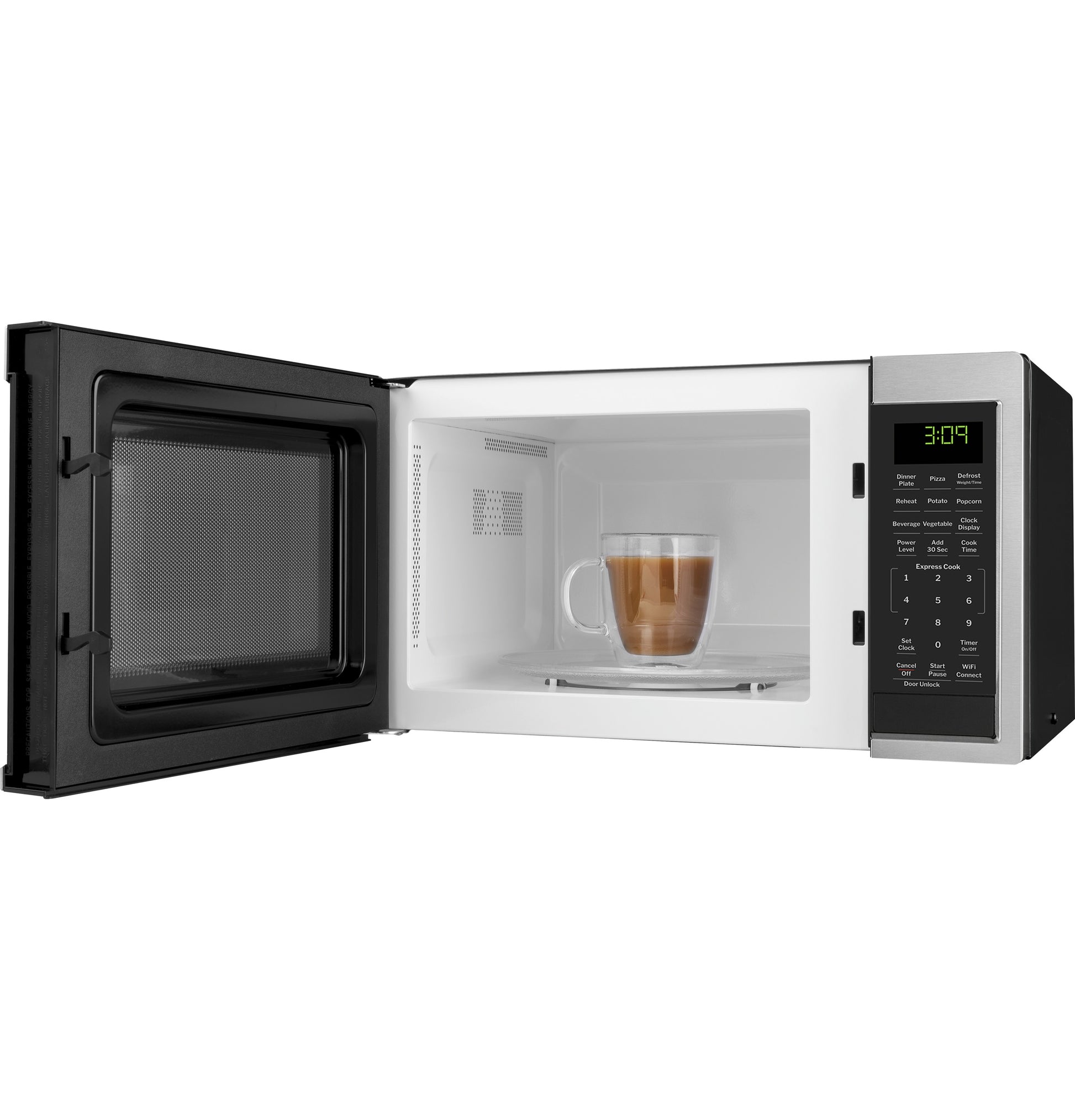 Black and stainless steel microwave with digital display and coffee cup inside on glass turntable from kitchenware collection