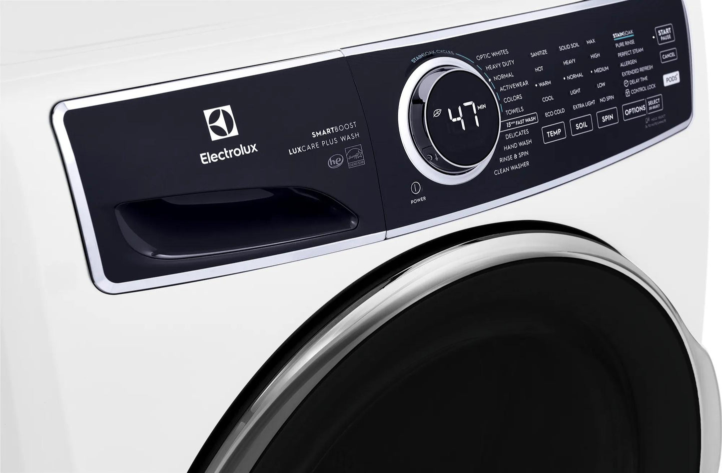 Electrolux front load washer control panel showing digital cycle time and multiple wash options in appliances collection